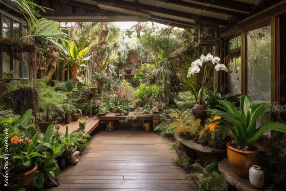indoor garden with tropical plants, orchids and bromeliads, created with generative ai