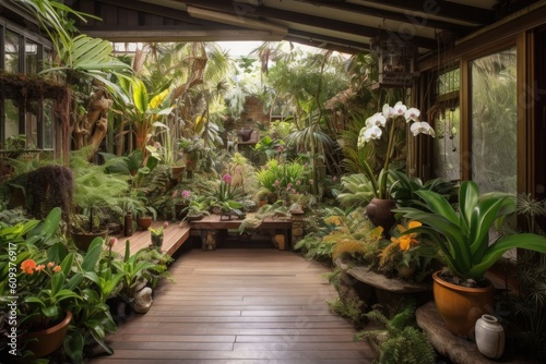 indoor garden with tropical plants  orchids and bromeliads  created with generative ai