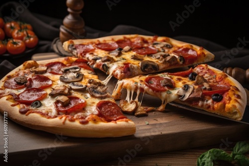 two slices of pizza, one topped with pepperoni and cheese, the other with sausage and mushrooms, created with generative ai