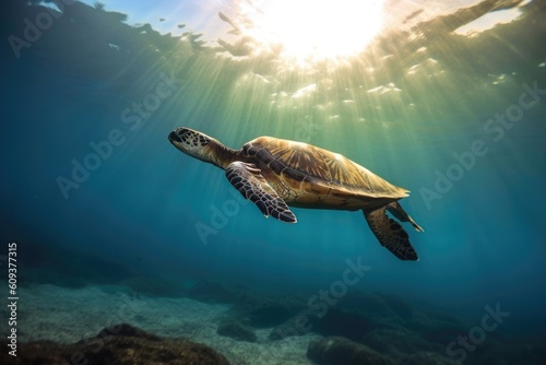 sea turtle swimming in the open ocean, with sun shining on its shell, created with generative ai