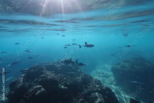 sharks and rays swimming in clear blue ocean, with schools of fish visible, created with generative ai