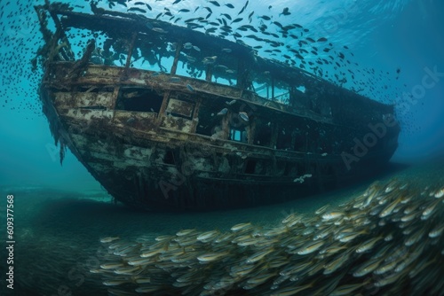 shipwreck of an old wooden sailing ship, surrounded by schools of fish, created with generative ai