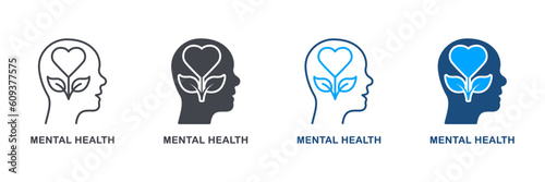 Obraz na plátně Mental Health, Wellness Silhouette and Line Icon Set