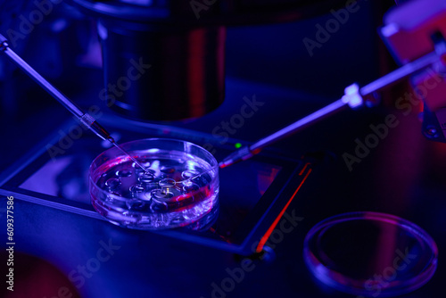 Close-up micromanipulator doing fertilization of female cell photo