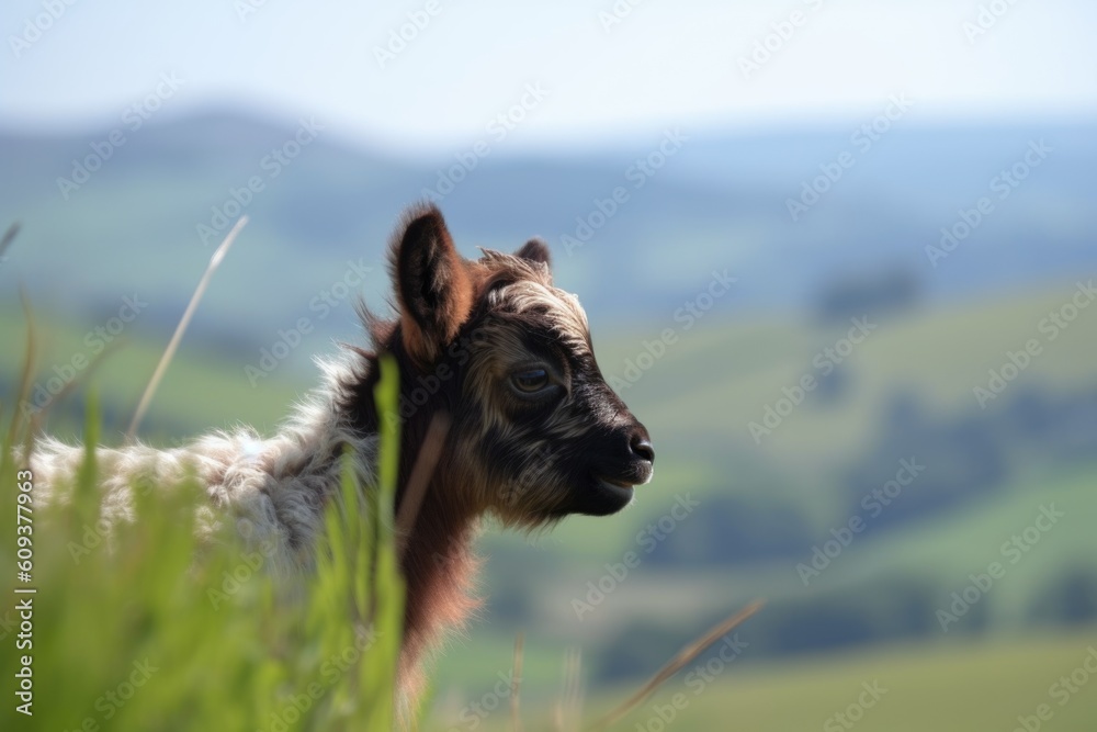 tiny goat head-butting its in the sunshine, with a view of rolling green hills, created with generative ai tiny goat head-butting its in the sunshine, with a view of rolling green hills, created with generative ai