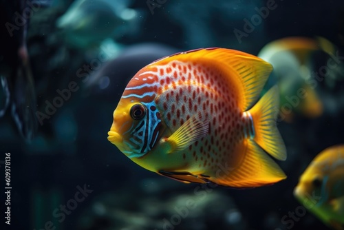 close-up of colorful tropical fish swimming in marine tank, created with generative ai