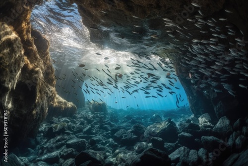 underwater cave with view of the open ocean, with schools of fish swimming by, created with generative ai