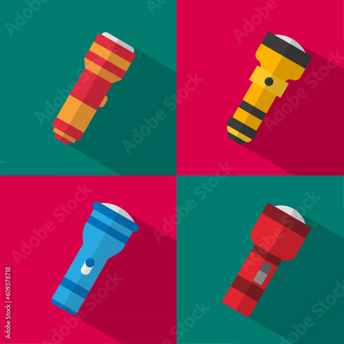 Collection of flashlight icons with shadows. Stock vector illustration.