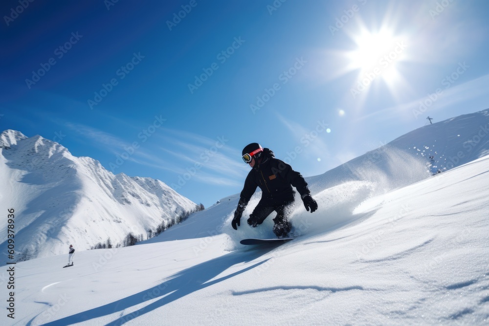 snowboarder carving down snowy slope, with mountains and blue sky in the background, created with generative ai