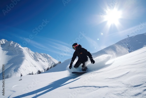 snowboarder carving down snowy slope, with mountains and blue sky in the background, created with generative ai