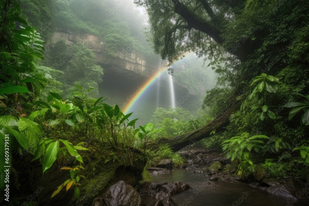 cascading waterfall with rainbow in the mist, surrounded by greenery and wildlife, created with generative ai