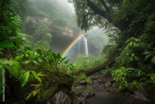 cascading waterfall with rainbow in the mist  surrounded by greenery and wildlife  created with generative ai