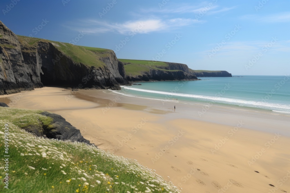peaceful beach with coastal cliffs in the background, ideal for meditation or reflection, created with generative ai
