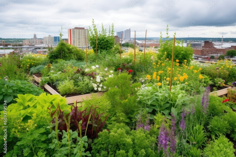 green rooftop garden, with variety of plants and blooming flowers, surrounded by cityscape, created with generative ai green rooftop garden, with variety of plants and blooming flowers, surrounded by cityscape, created with generative ai