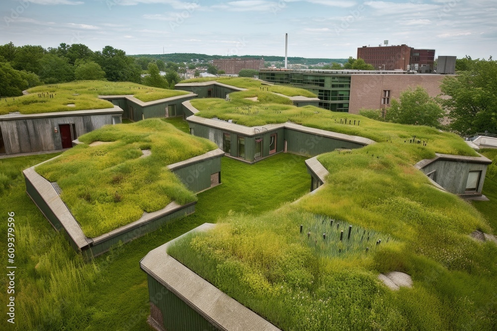 group of green rooftops with different designs, shapes and sizes, created with generative ai