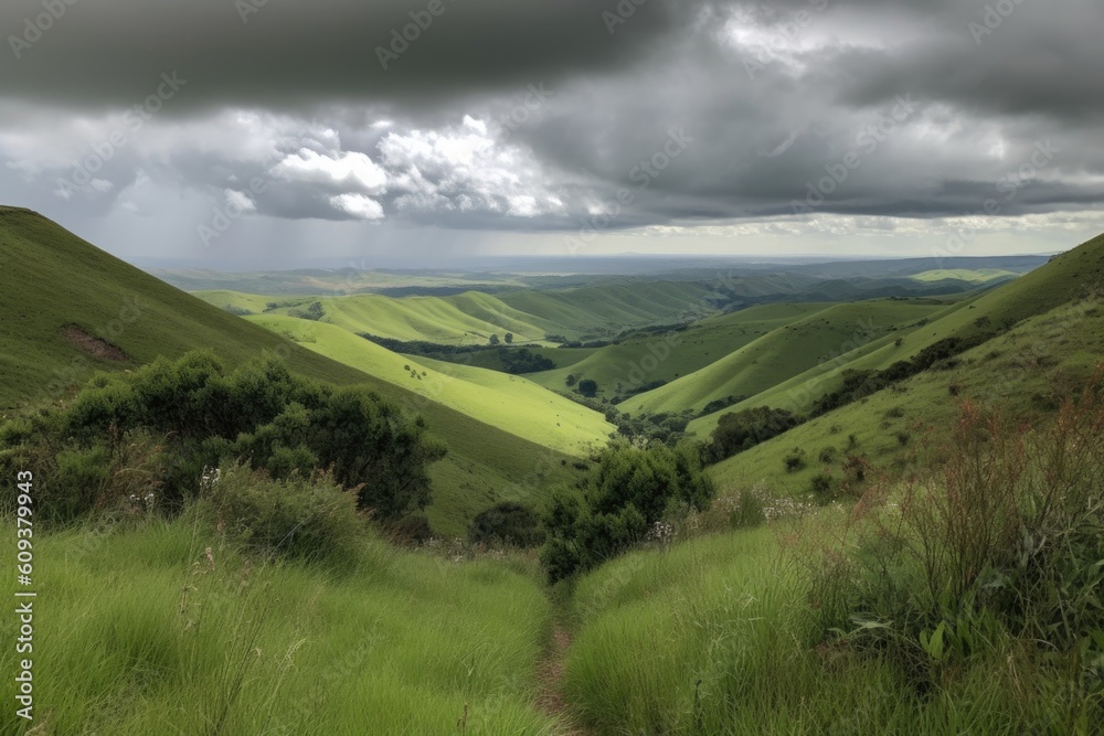 rolling hills with a cloudy sky in the background, created with generative ai