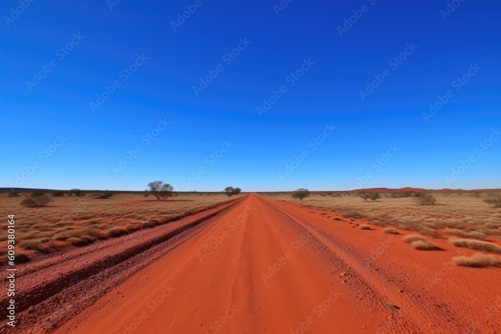 remote desert road, with red sand and blue sky in the background, created with generative ai remote desert road, with red sand and blue sky in the background, created with generative ai