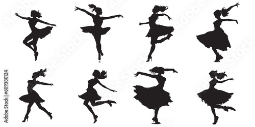 silhouettes of dancing girl group vector illustration. Dancing girl, dancing woman silhouette set	