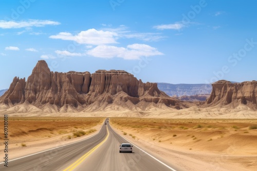 scenic road trip through the desert, with rolling sand dunes and towering cliffs in the background, created with generative ai