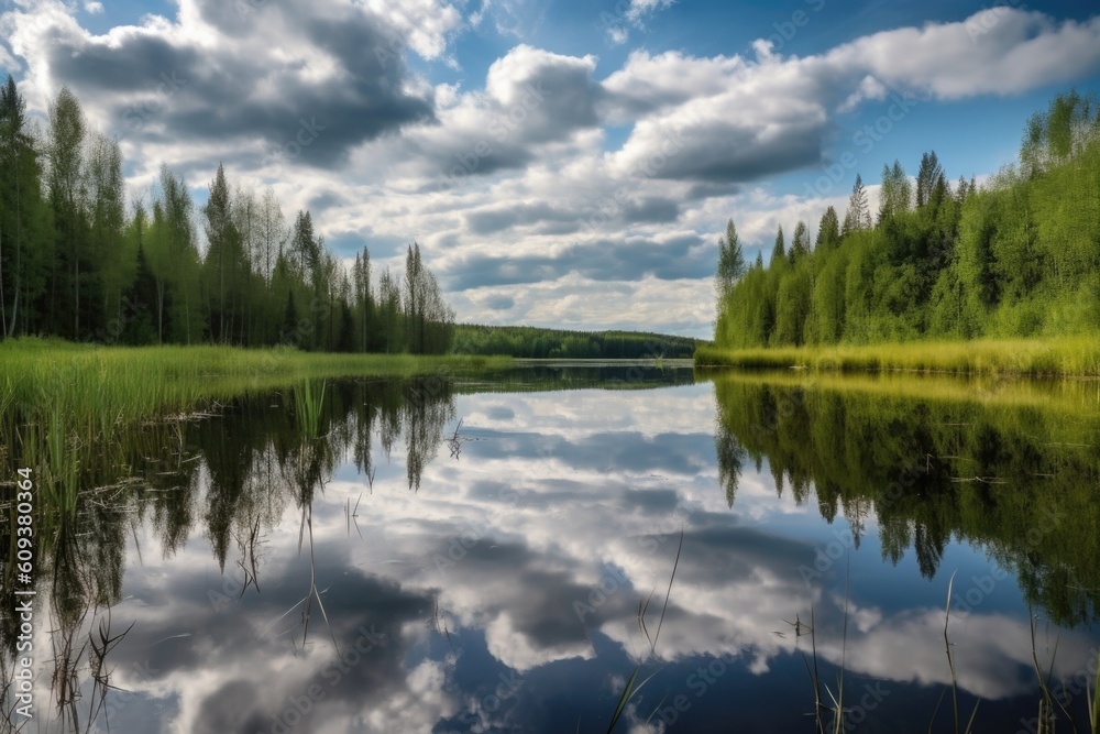 serene lake, with reflections of the sky and clouds, surrounded by forest, created with generative ai