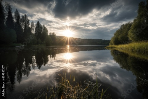 serene lake with reflections of sun peeking through the clouds, created with generative ai
