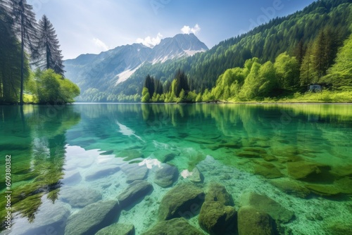 serene lake, with reflections of surrounding mountains and greenery, creating a peaceful scene, created with generative ai