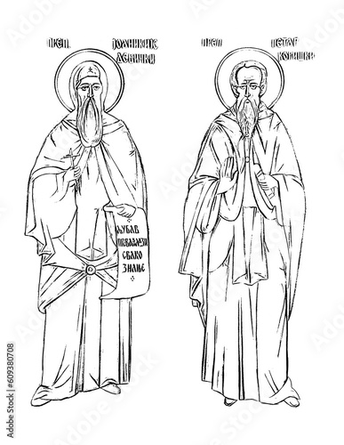 Joanikije of Devich and Saint Peter of Korisha. Coloring page in Byzantine style on white background