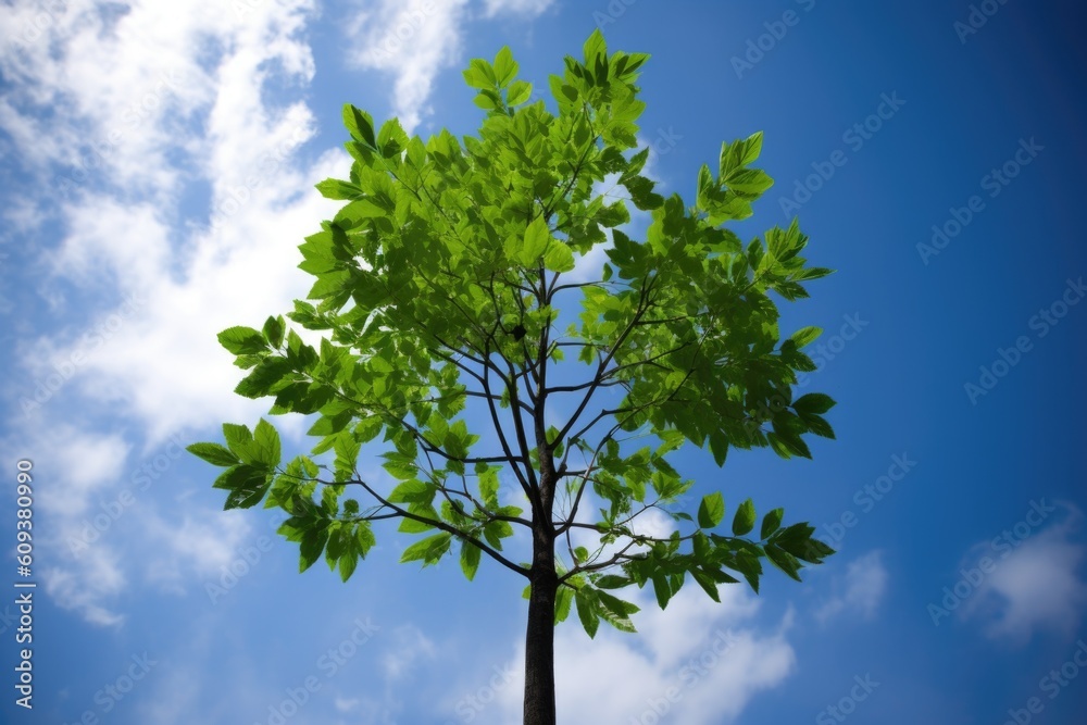sprouting tree with fresh, green leaves reaching to the sky, created with generative ai sprouting tree with fresh, green leaves reaching to the sky, created with generative ai