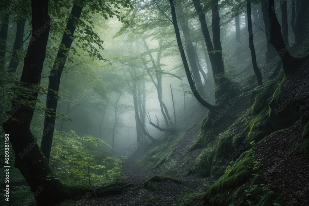 forest with fog rolling through the trees, creating a serene and mystical scene, created with generative ai