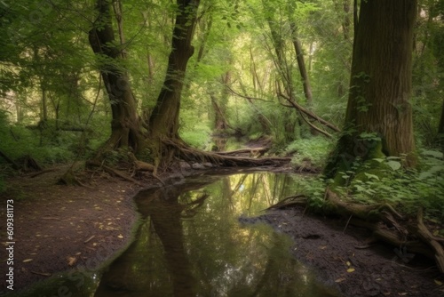 peaceful stroll through serene forest with birdsong and babbling stream  created with generative ai