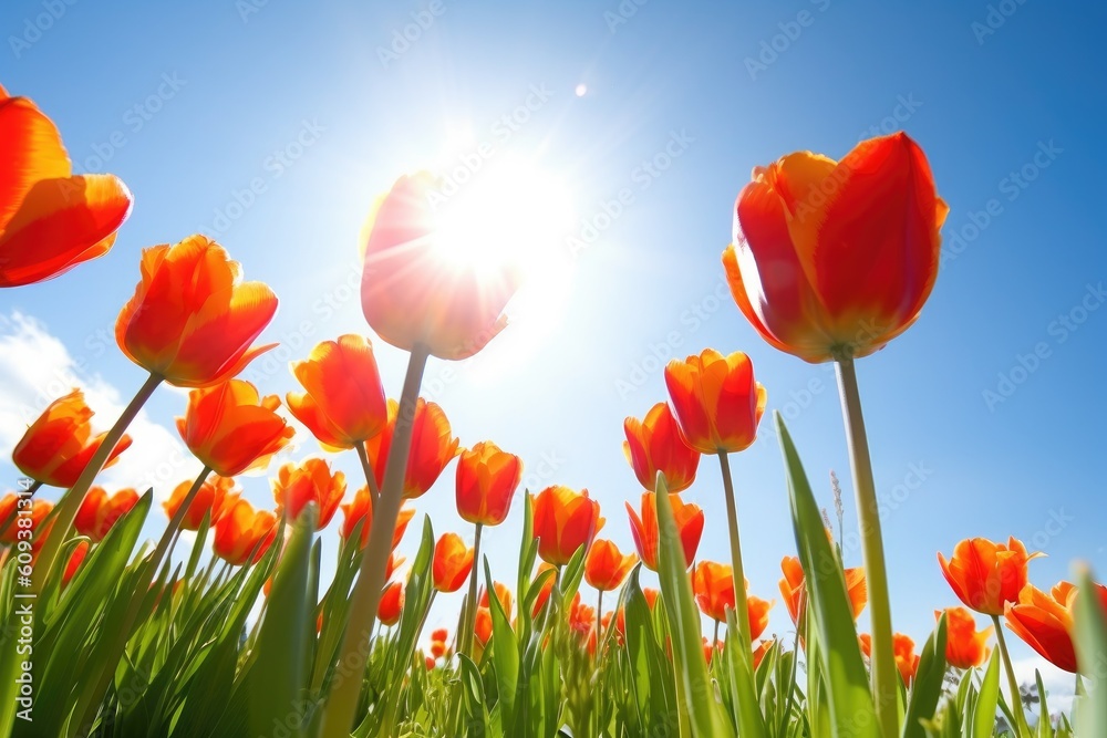 closeup of a bunch of tulips against a sunny sky background, created with generative ai