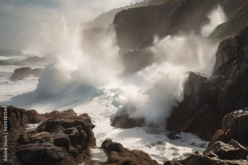 coastal cliff face with waves crashing against rocks, creating spray and mist, created with generative ai
