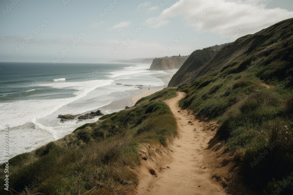 hiking trail along the beach, with waves rolling in, created with generative ai