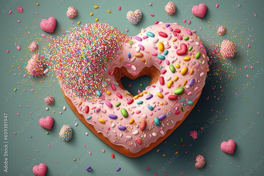 happy heart-shaped donut with pink icing and sprinkles, surrounded by colorful confetti, created with generative ai