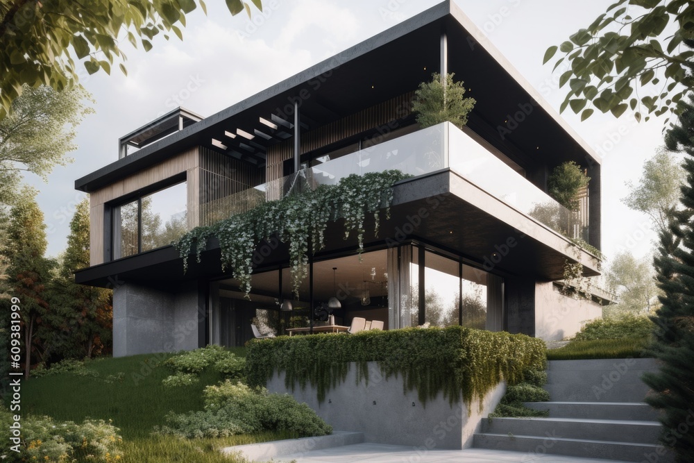 modern house with minimalist exterior, surrounded by lush greenery, created with generative ai