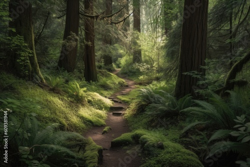 serene forest with hiking trails and pathways winding through it  created with generative ai