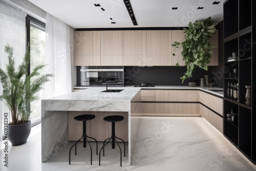 minimalist kitchen with clean  sleek lines and a touch of greenery  created with generative ai