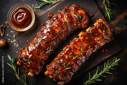 American style pork ribs. Delicious smoked pork spareribs glazed in BBQ sauce. Top view. 