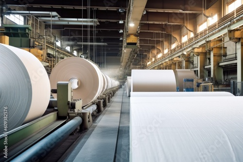 pulp and paper factory, with endless conveyor belts and giant machines producing rolls of paper, created with generative ai