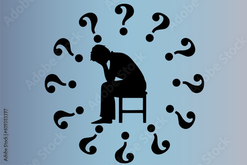 Concept of depression, anxiety, sadness and hopelessness. Silhouette of a person sitting and holding a bowed head, with a bunch of question marks surrounding him. Vector illustration	
