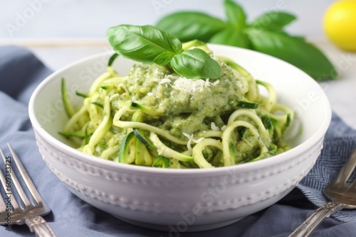 bowl of zucchini noodles, topped with creamy pesto sauce, created with generative ai