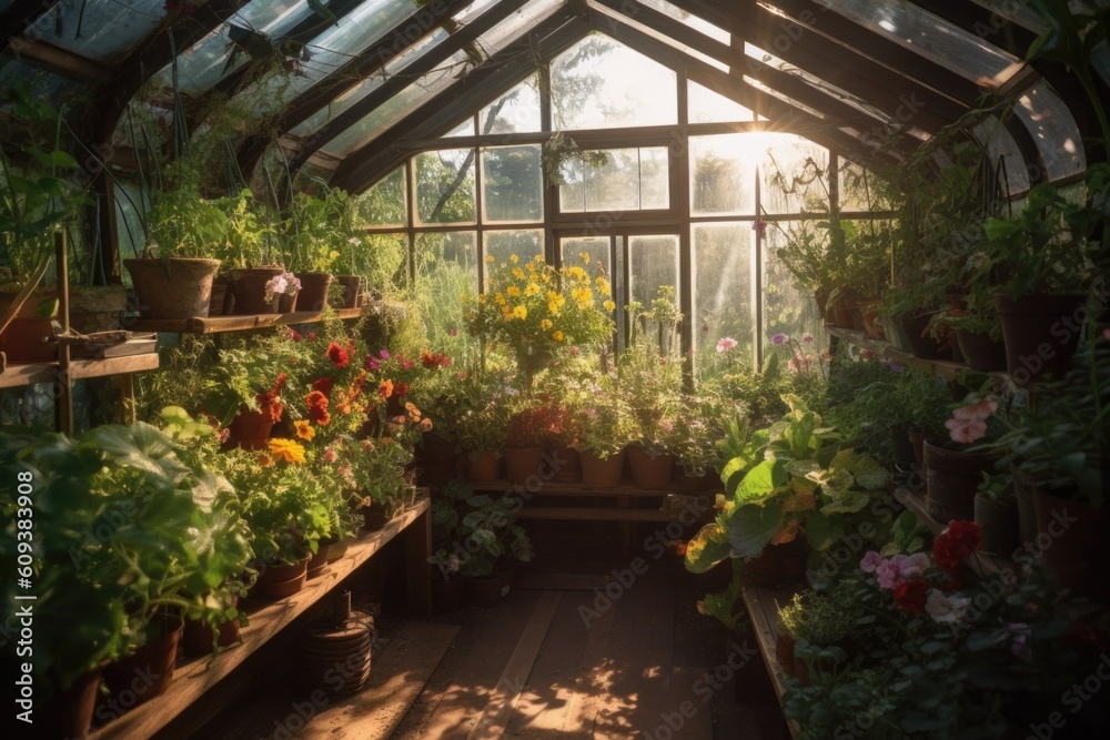a greenhouse with sunbeams streaming through the glass, illuminating the plants and flowers within, created with generative ai a greenhouse with sunbeams streaming through the glass, illuminating the plants and flowers within, created with generative ai