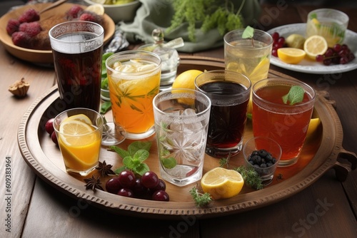 plate of assorted iced teas, including fruity and herbal varieties, created with generative ai