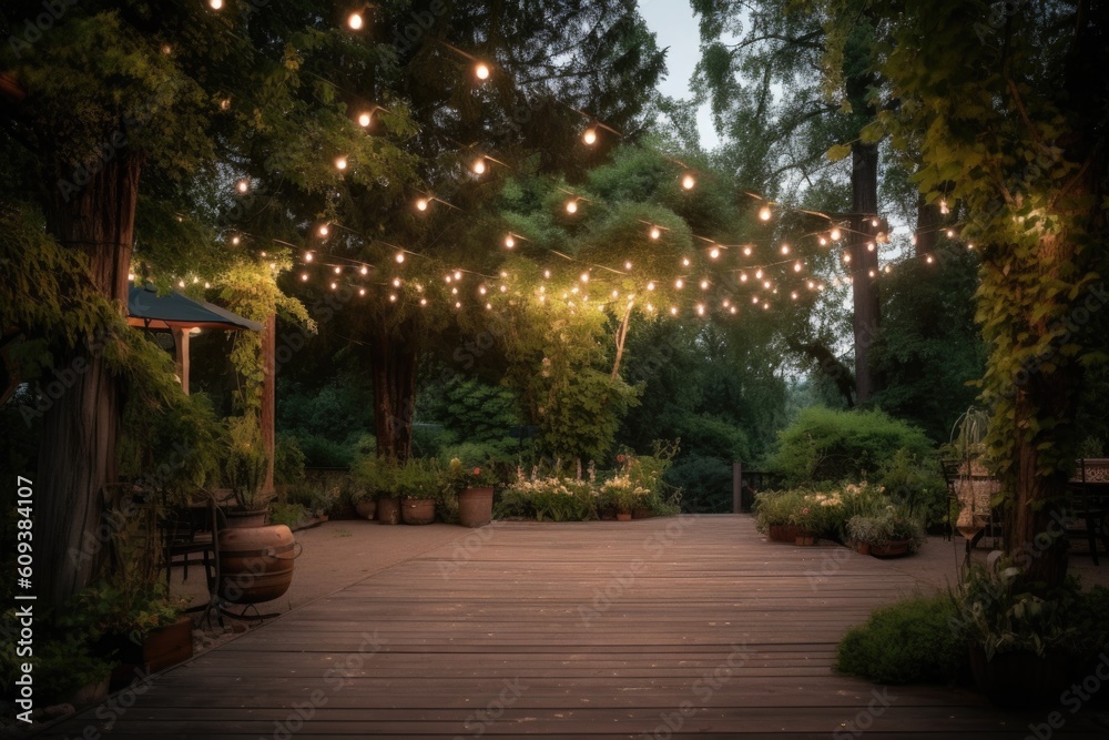 outdoor dance floor surrounded by greenery and fairy lights on a warm summer evening, created with generative ai