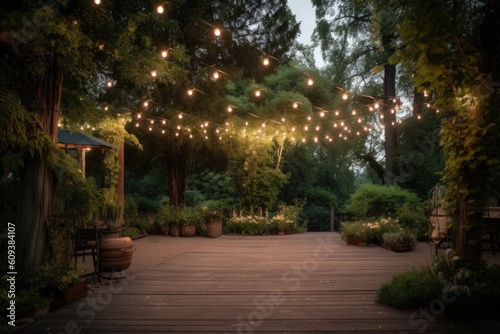 outdoor dance floor surrounded by greenery and fairy lights on a warm summer evening, created with generative ai