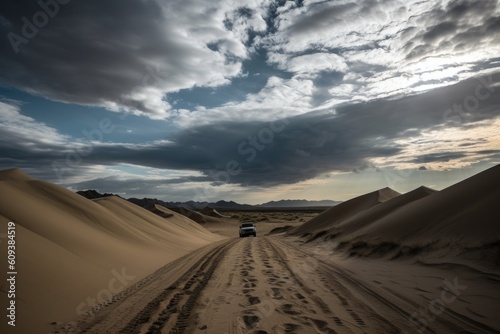 road trip through the desert, with towering sand dunes and dramatic skies, created with generative ai