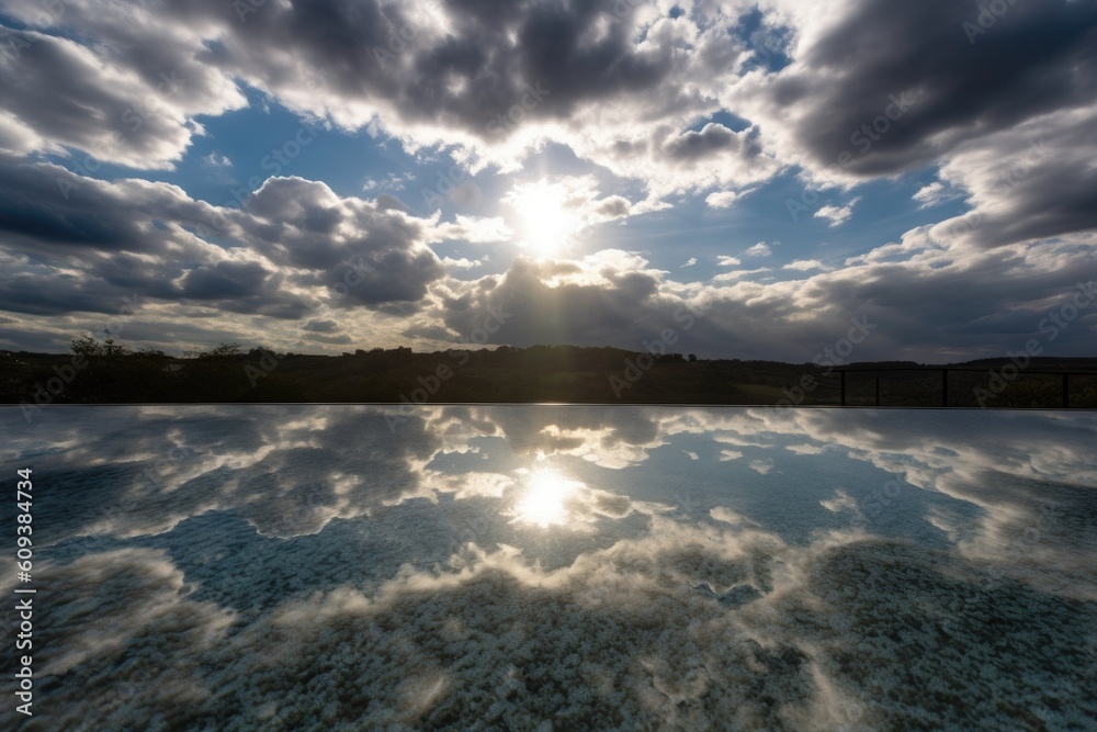 close-up of glittering pool, with reflections of the sun and clouds, created with generative ai