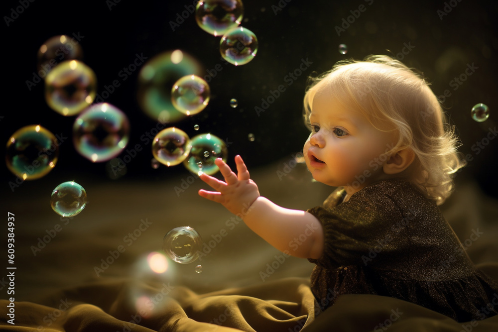 Little one playing with bubbles, capturing their fascination, baby Generative AI Little one playing with bubbles, capturing their fascination, baby Generative AI