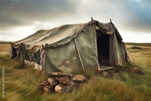 shelter of old military tent, with fading and tattered canvas, on windswept terrain, created with generative ai photo