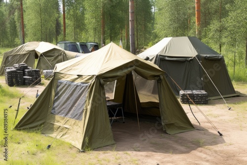 tents and shelters of various sizes and shapes, in a variety of settings, created with generative ai